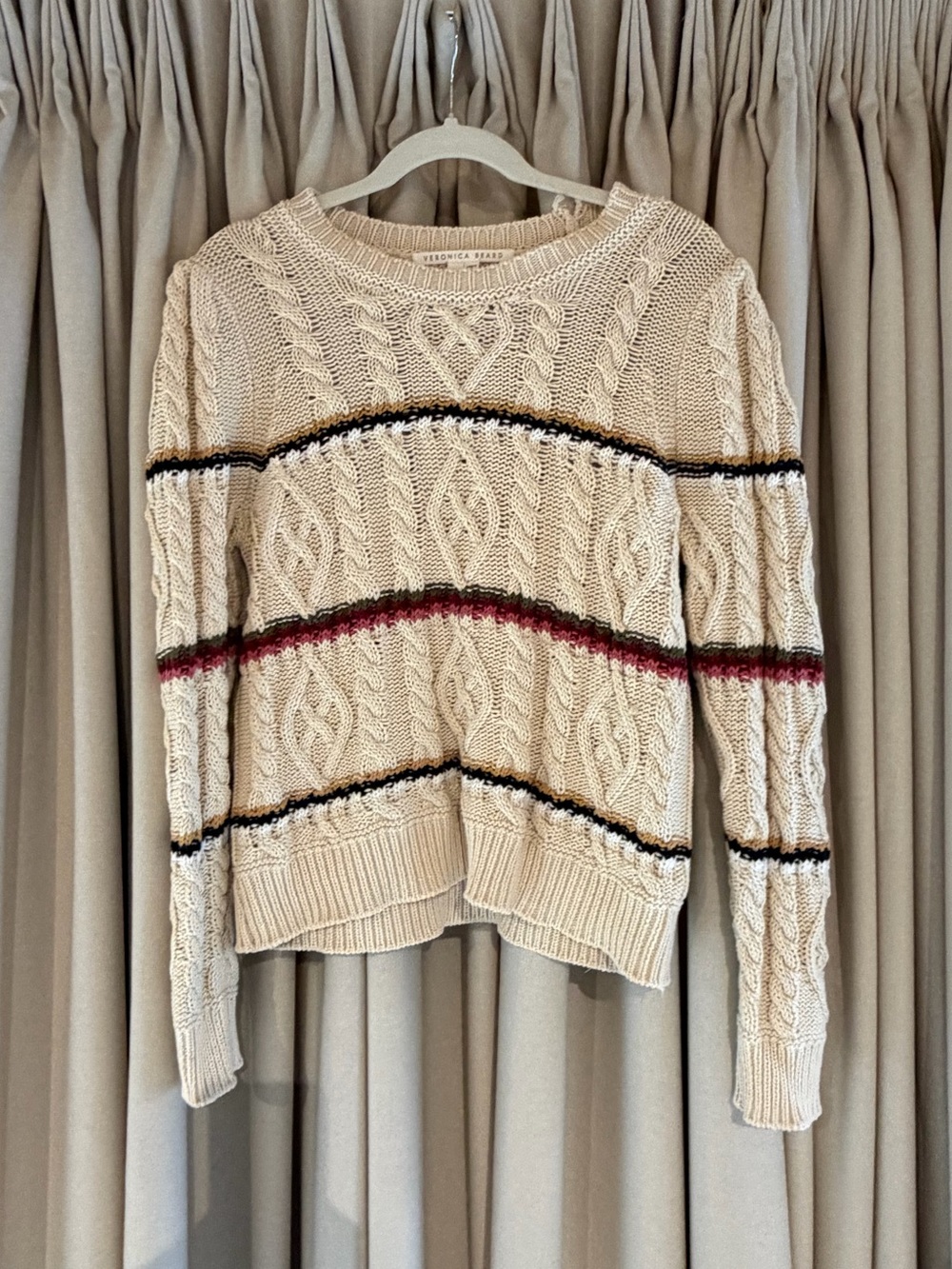Veronica Beard Cream Cable Knit Sweater with Stripes